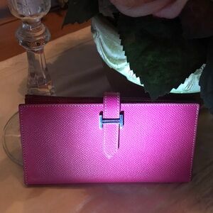 Hermes Long Wallet Women’s Buford Bearn Hermes Chèvre Pink with Silver Hardware